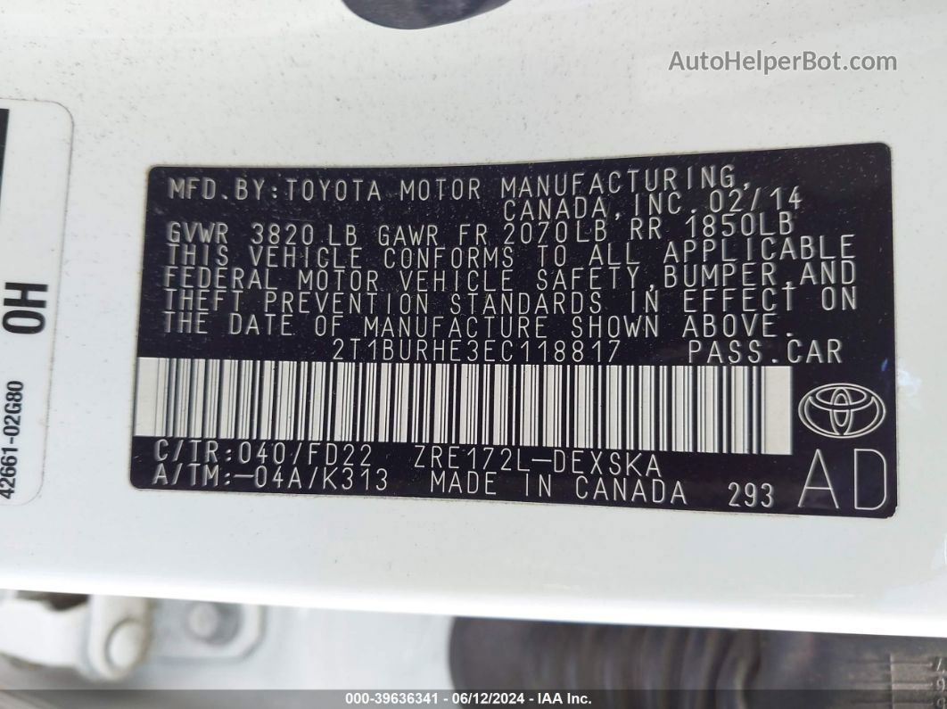 2014 Toyota Corolla S Plus White vin: 2T1BURHE3EC118817