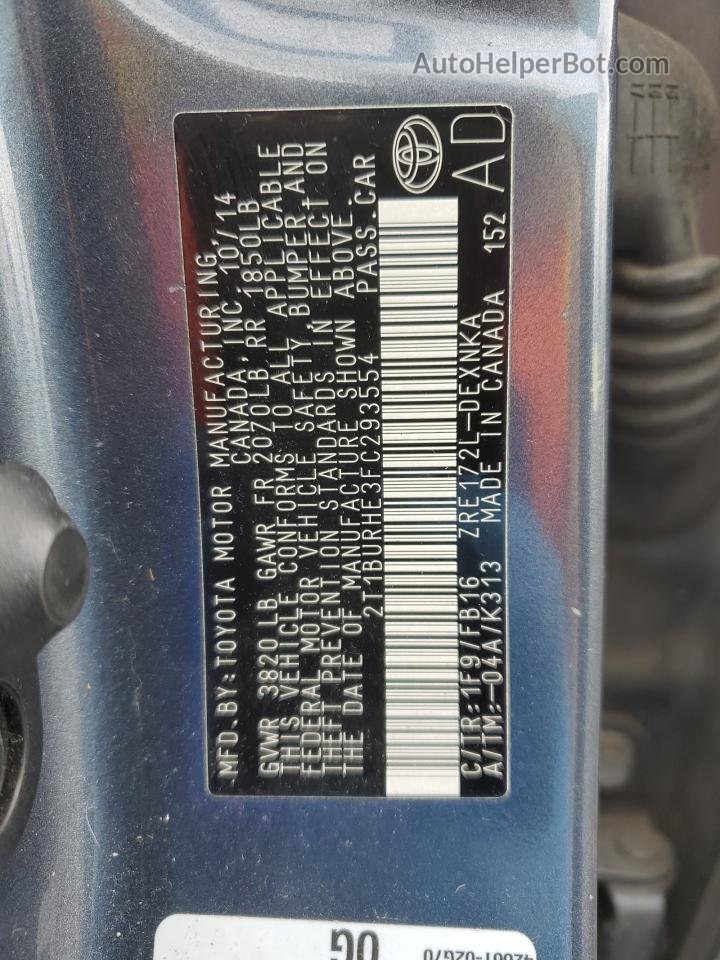 2015 Toyota Corolla L Бирюзовый vin: 2T1BURHE3FC293554
