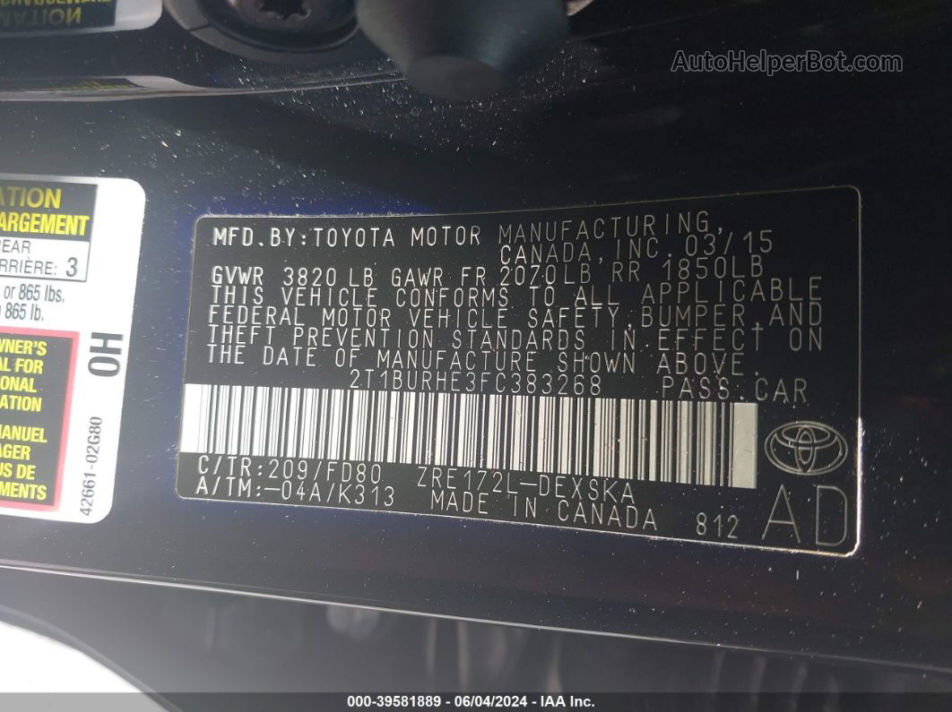 2015 Toyota Corolla S Plus Черный vin: 2T1BURHE3FC383268