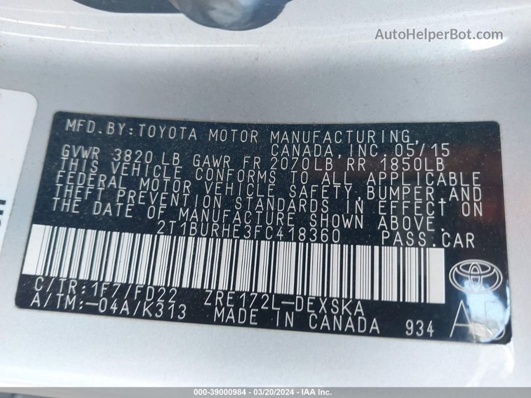 2015 Toyota Corolla S Plus Silver vin: 2T1BURHE3FC418360