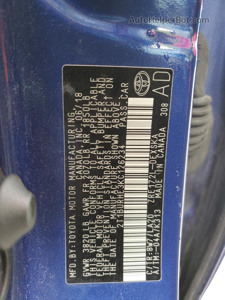 2019 Toyota Corolla L Blue vin: 2T1BURHE3KC126234