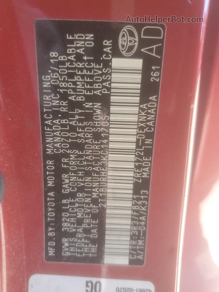 2019 Toyota Corolla L Красный vin: 2T1BURHE3KC141705