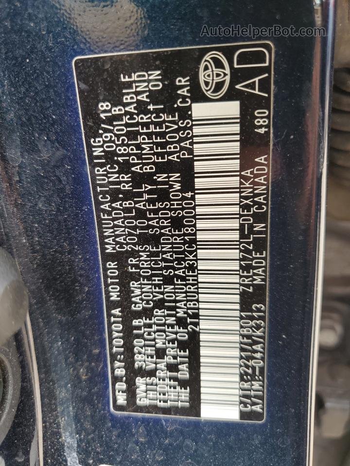 2019 Toyota Corolla L Blue vin: 2T1BURHE3KC180004