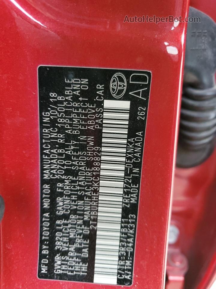 2019 Toyota Corolla L Красный vin: 2T1BURHE3KC188829