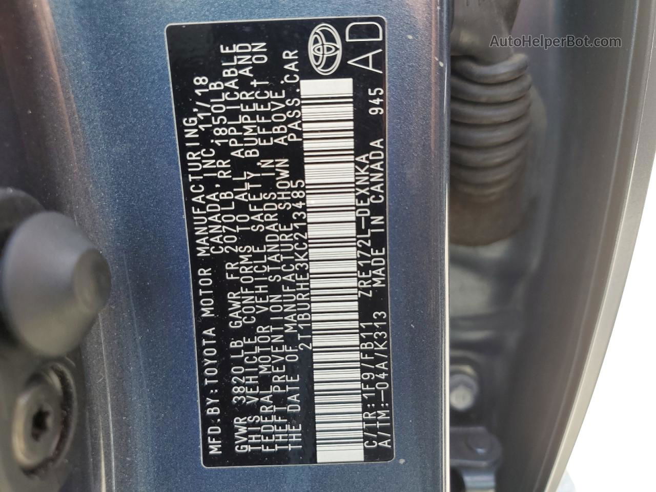 2019 Toyota Corolla L Синий vin: 2T1BURHE3KC213485
