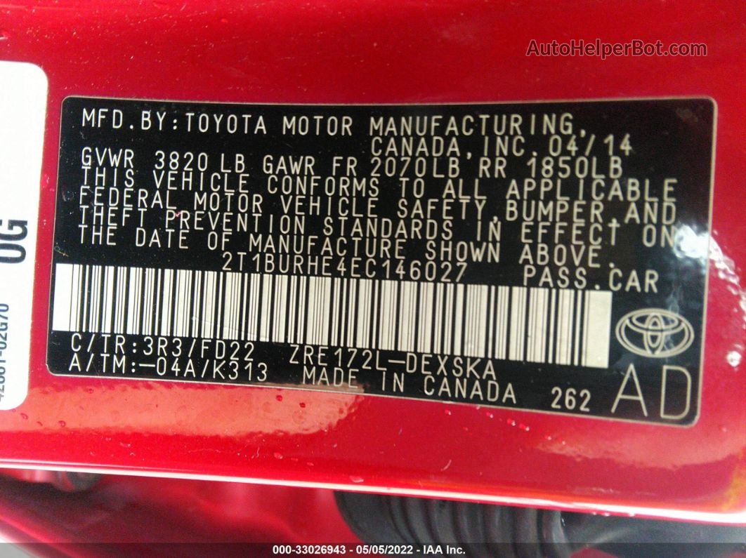 2014 Toyota Corolla L/le/s/s Plus/le Plus Красный vin: 2T1BURHE4EC146027