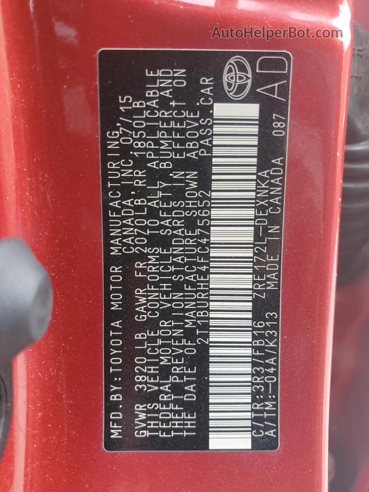 2015 Toyota Corolla L Red vin: 2T1BURHE4FC475652