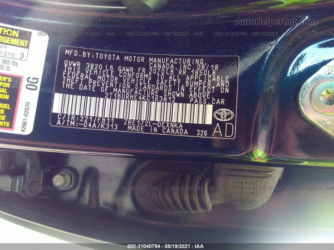 2019 Toyota Corolla L/le/se/xle/xse Темно-синий vin: 2T1BURHE4KC163812