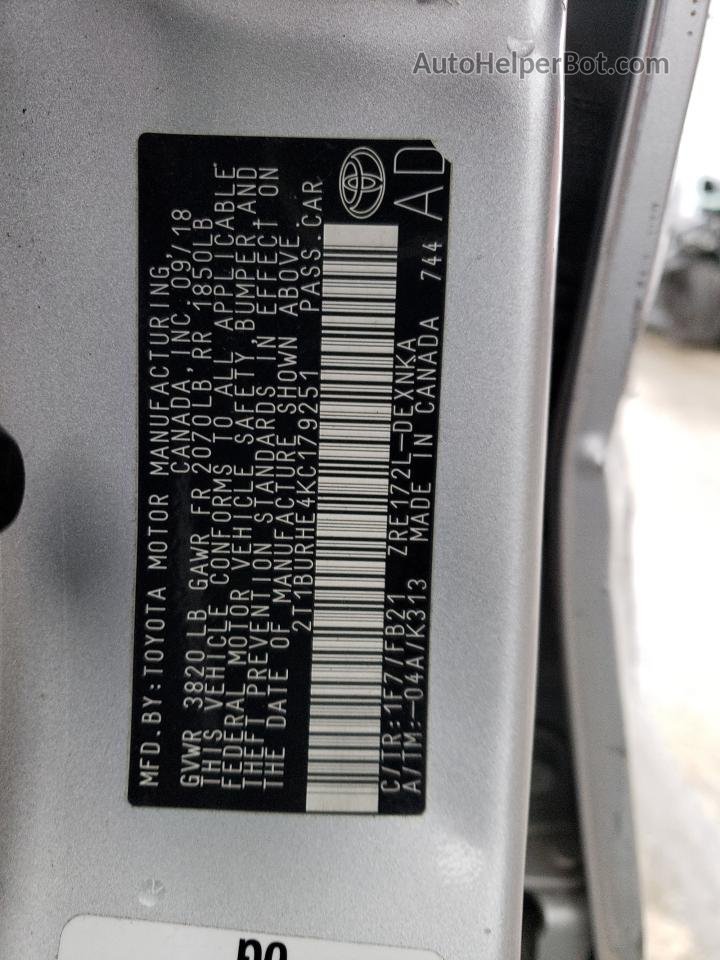 2019 Toyota Corolla L Silver vin: 2T1BURHE4KC179251