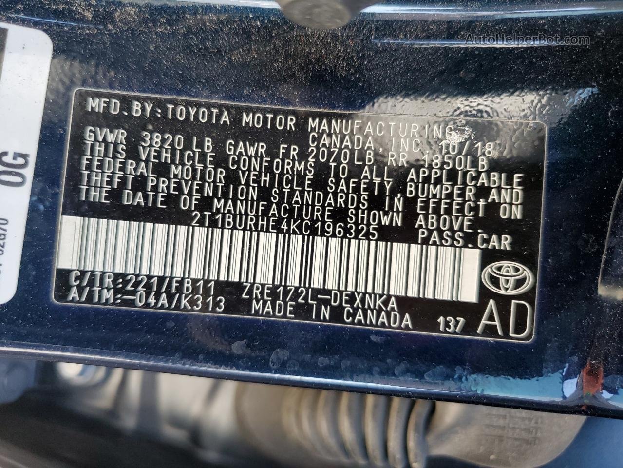 2019 Toyota Corolla L Blue vin: 2T1BURHE4KC196325
