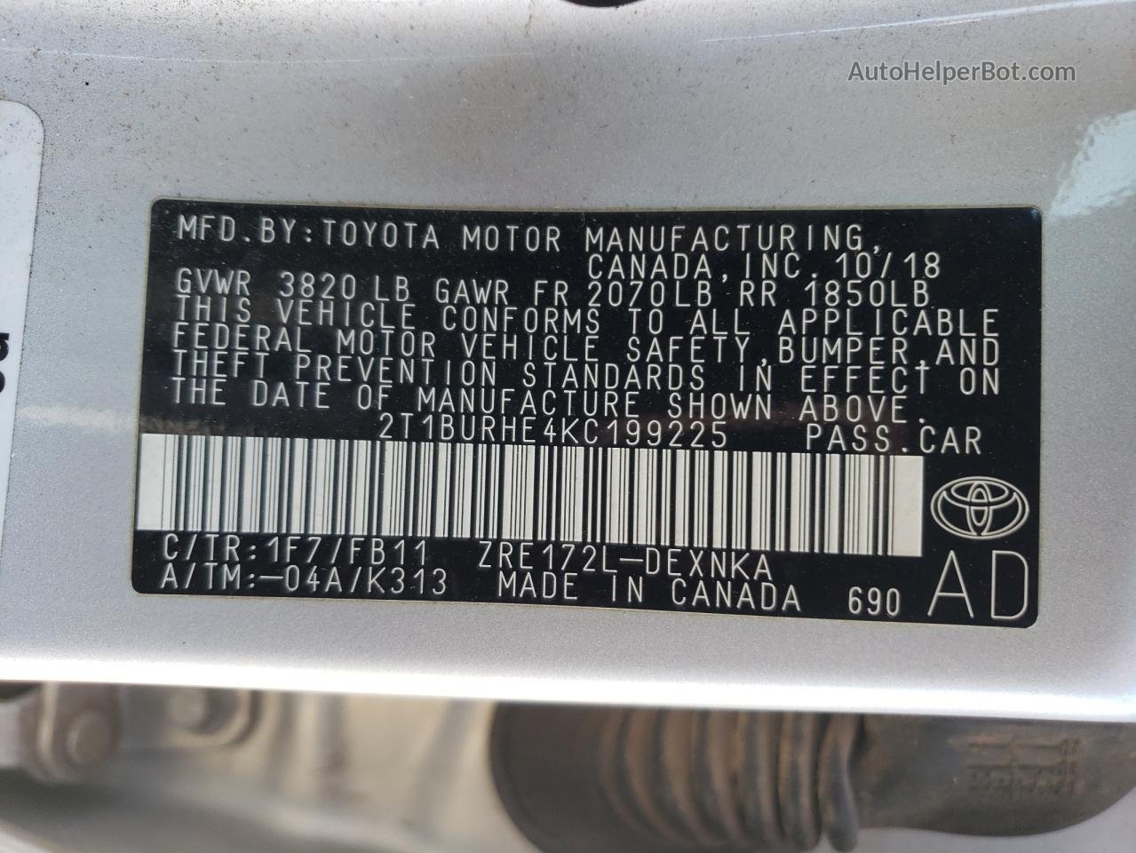 2019 Toyota Corolla L Silver vin: 2T1BURHE4KC199225