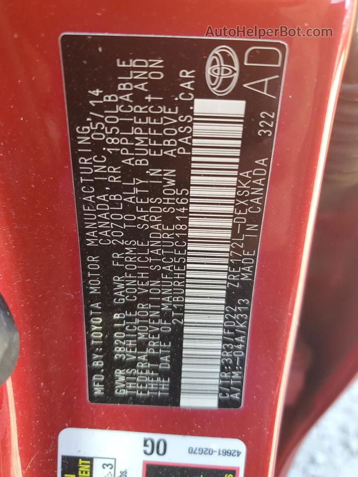 2014 Toyota Corolla L Красный vin: 2T1BURHE5EC181465