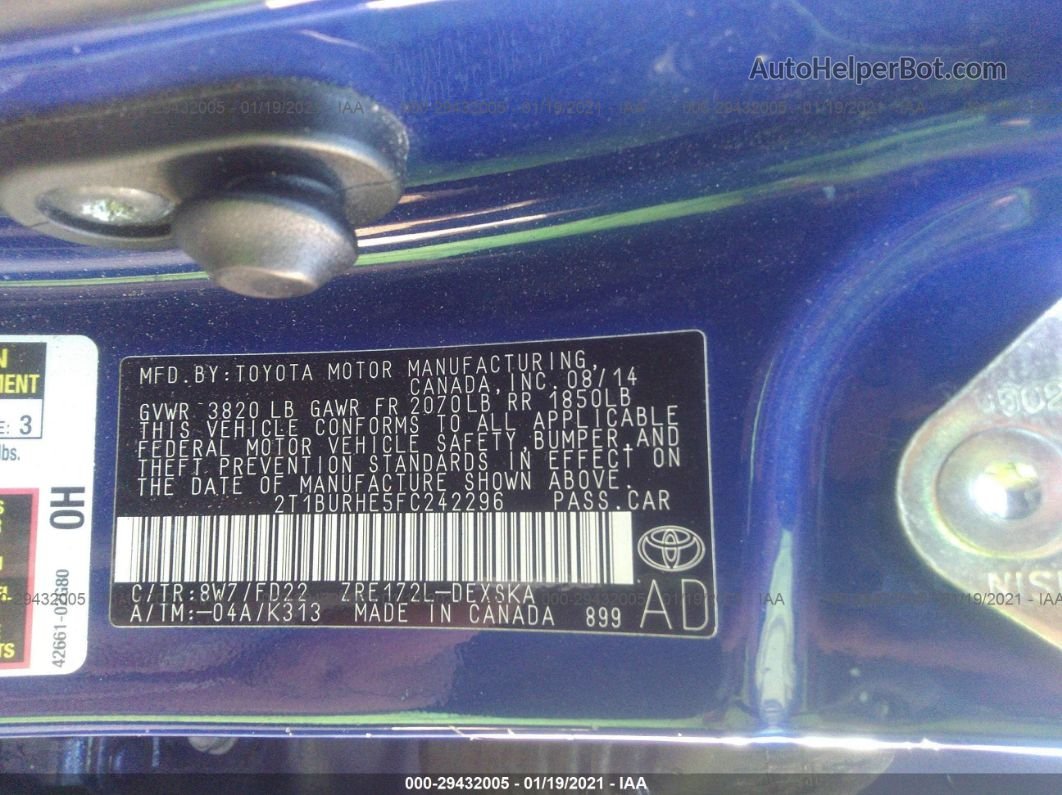 2015 Toyota Corolla L/le/s/s Plus/le Plus Синий vin: 2T1BURHE5FC242296