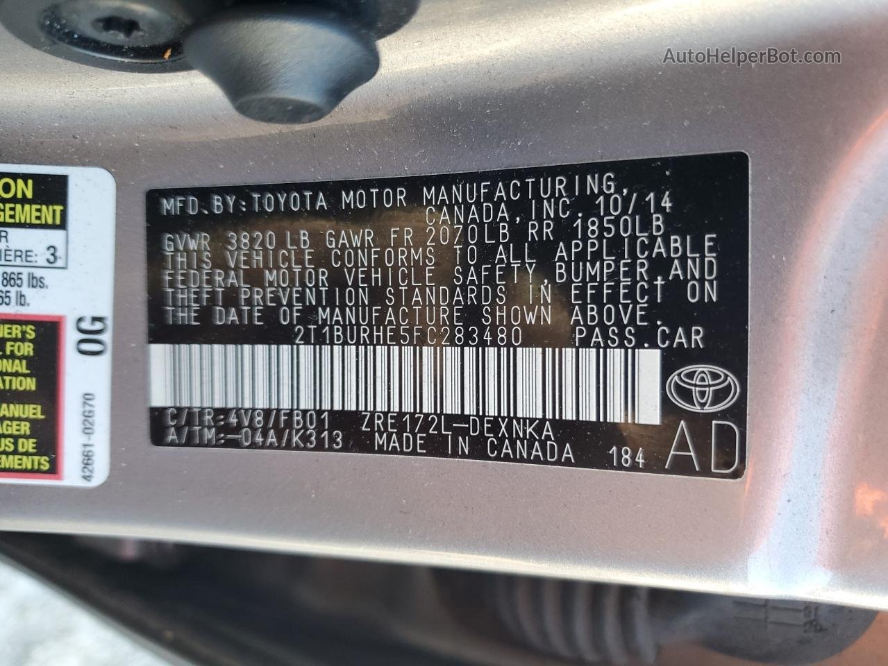 2015 Toyota Corolla L Серый vin: 2T1BURHE5FC283480