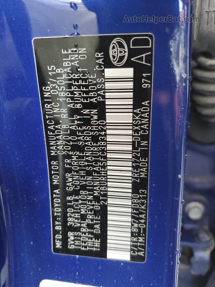 2015 Toyota Corolla L Blue vin: 2T1BURHE5FC383420