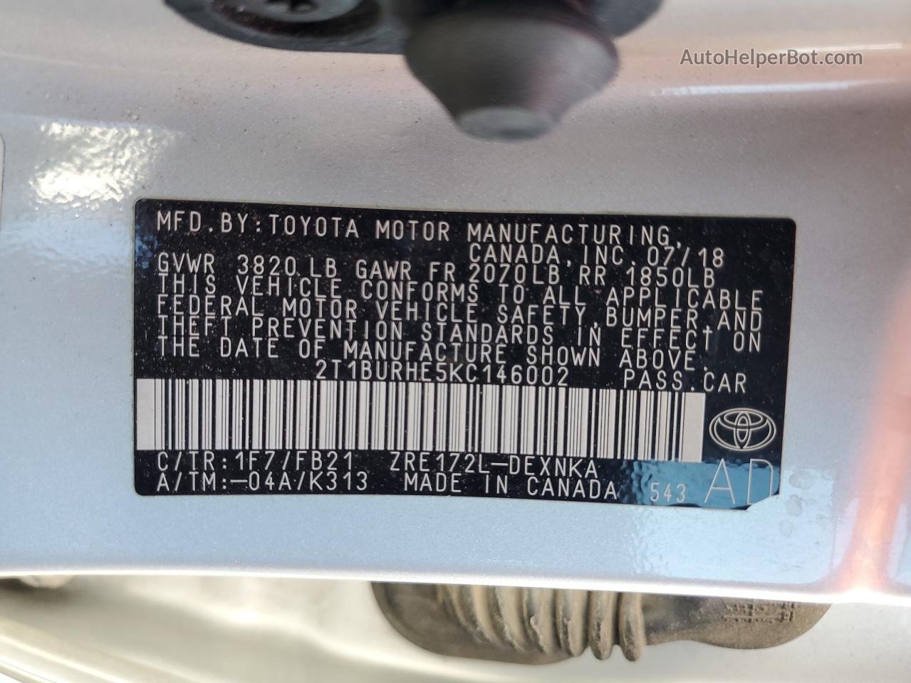 2019 Toyota Corolla L Серебряный vin: 2T1BURHE5KC146002