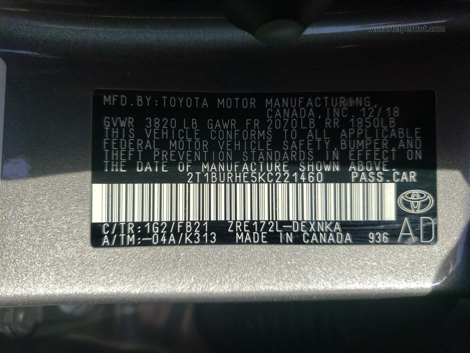 2019 Toyota Corolla L Charcoal vin: 2T1BURHE5KC221460