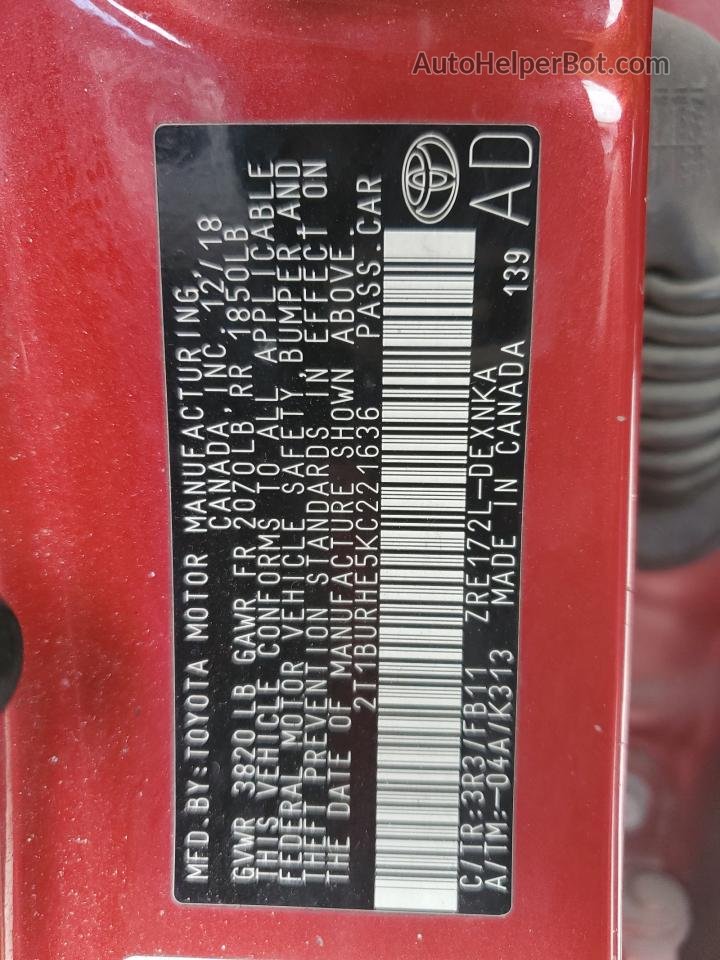 2019 Toyota Corolla L Красный vin: 2T1BURHE5KC221636