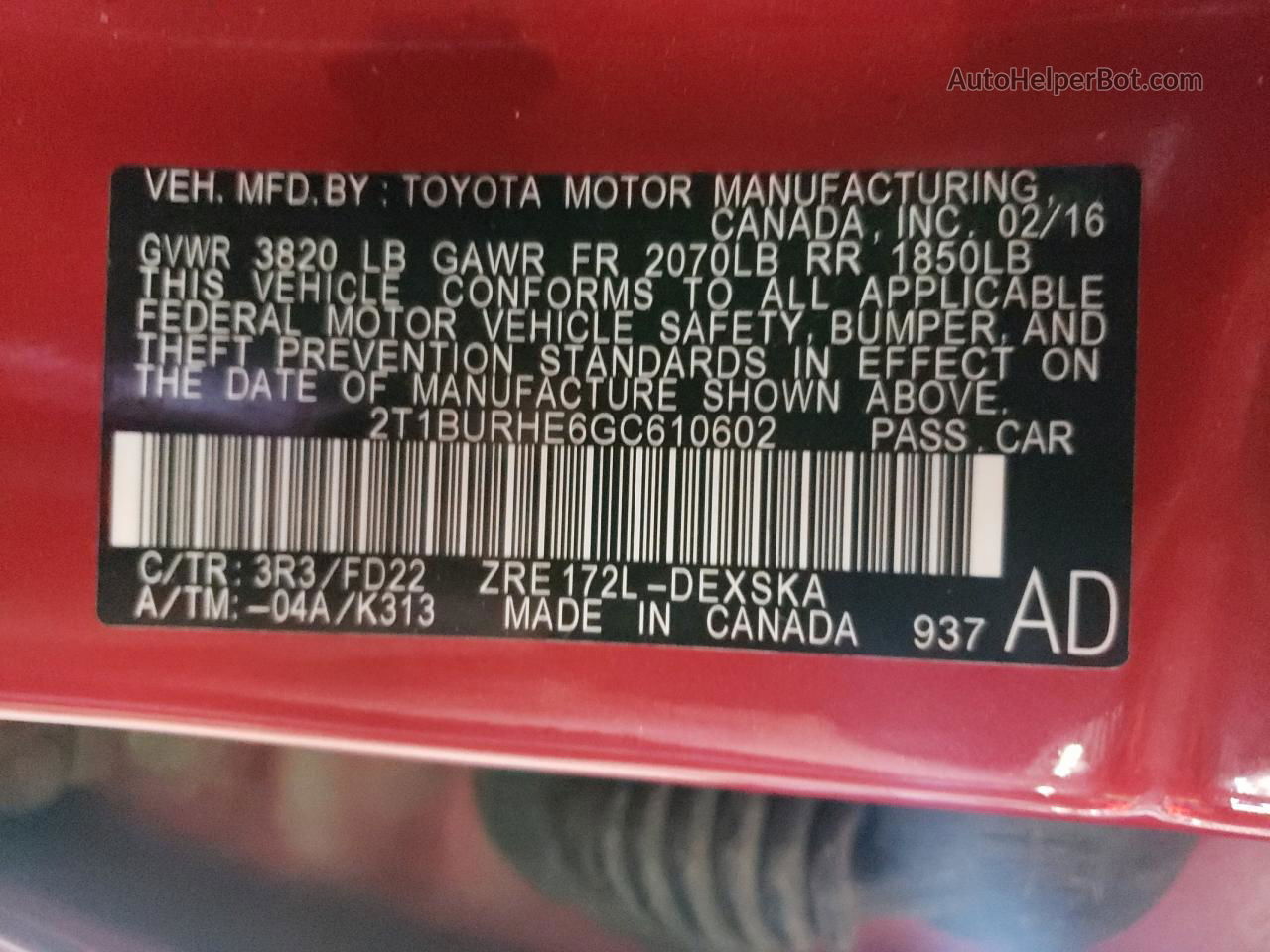 2016 Toyota Corolla L Red vin: 2T1BURHE6GC610602