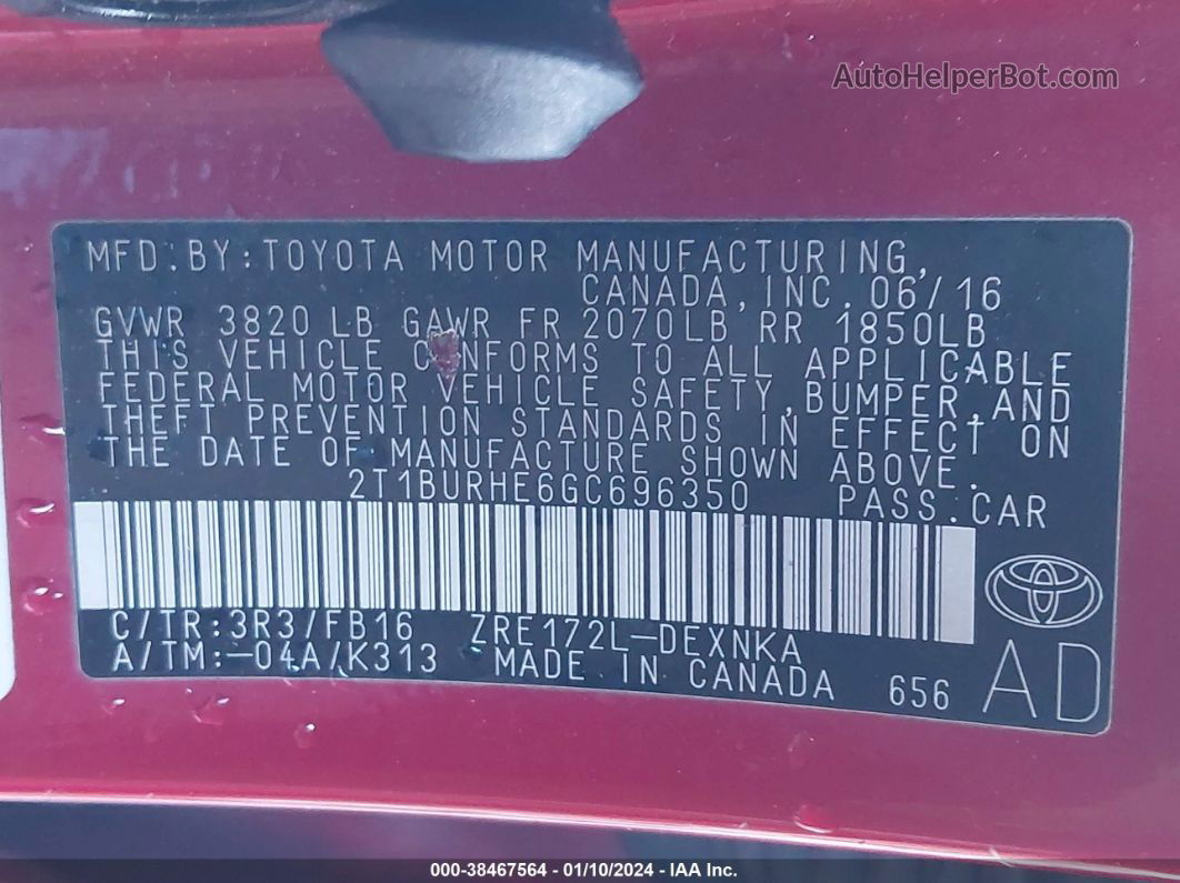 2016 Toyota Corolla Le Red vin: 2T1BURHE6GC696350