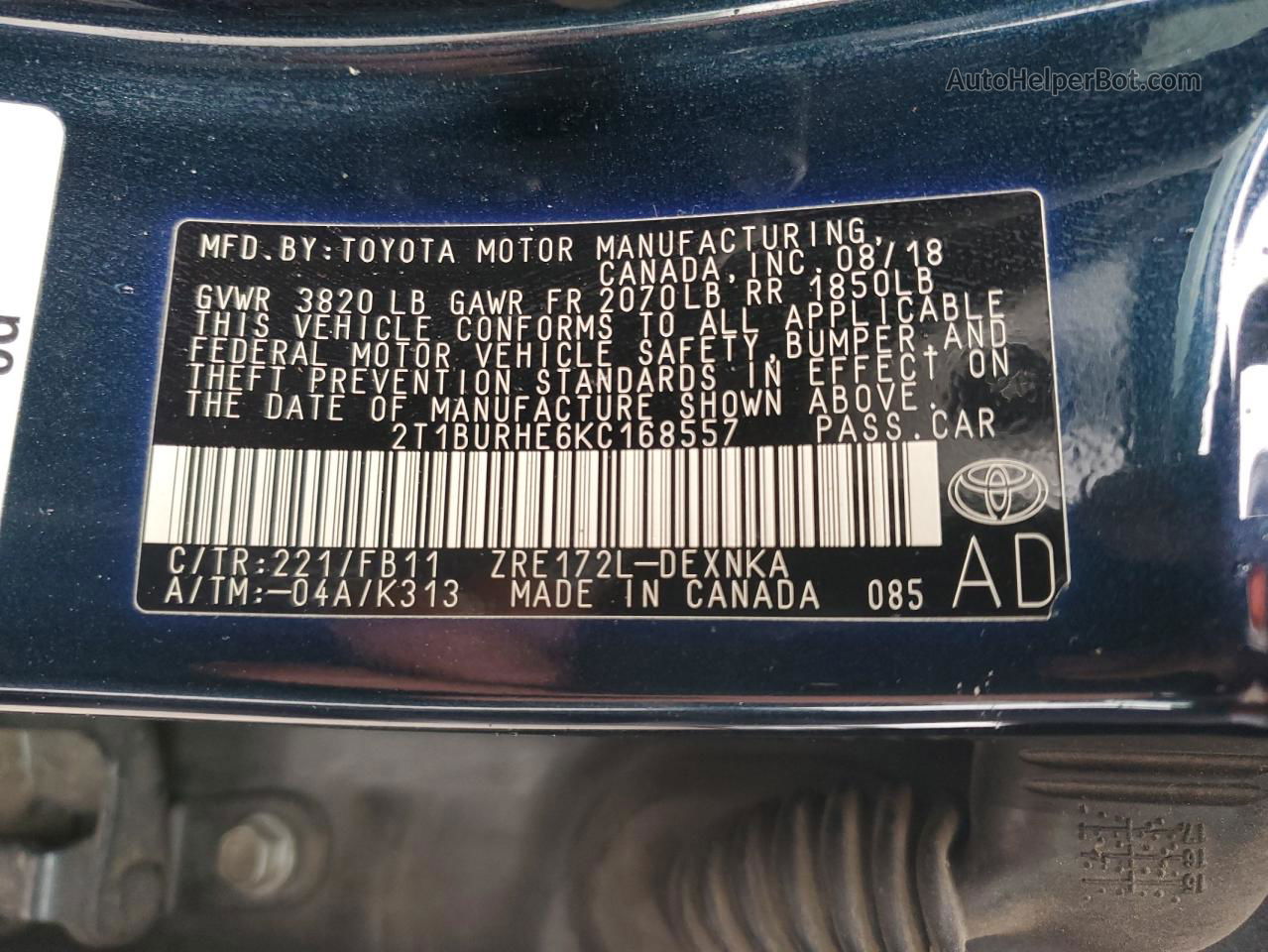 2019 Toyota Corolla L Синий vin: 2T1BURHE6KC168557