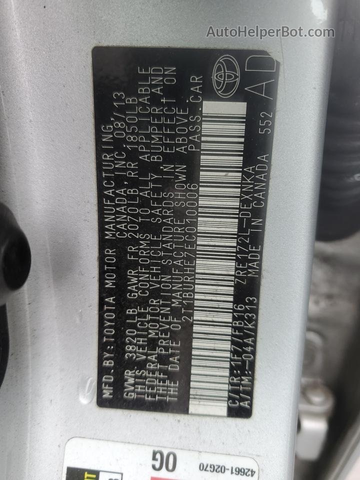 2014 Toyota Corolla L Серебряный vin: 2T1BURHE7EC010006