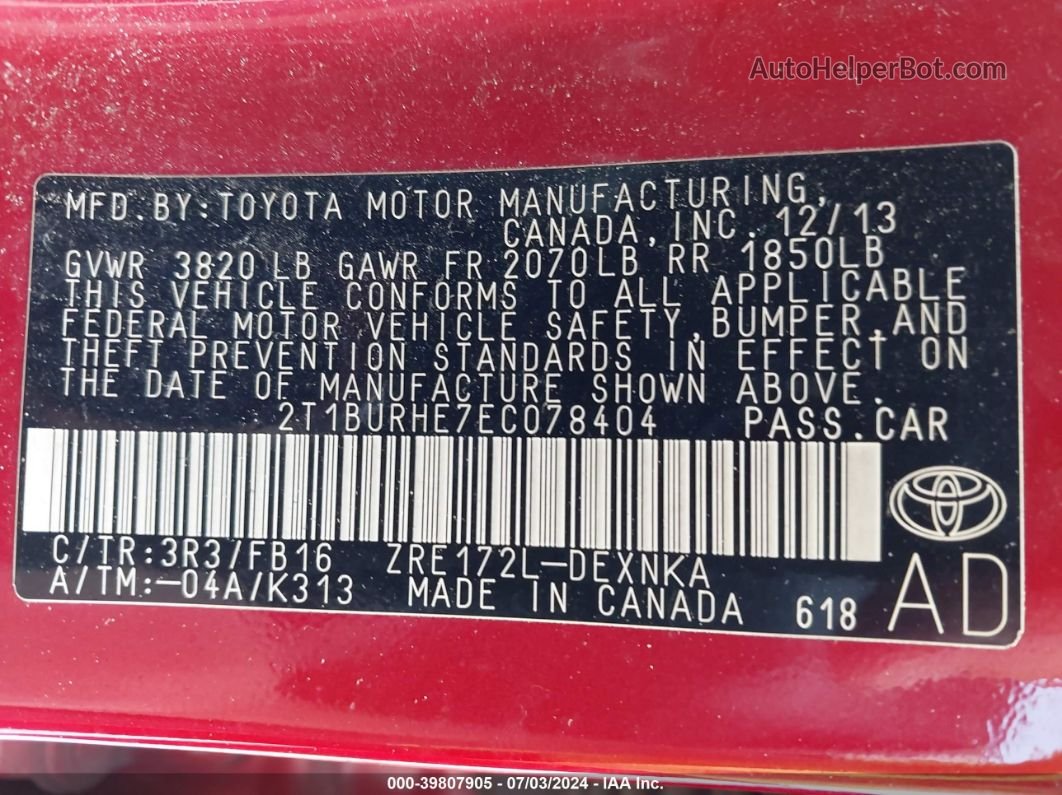 2014 Toyota Corolla Le Red vin: 2T1BURHE7EC078404