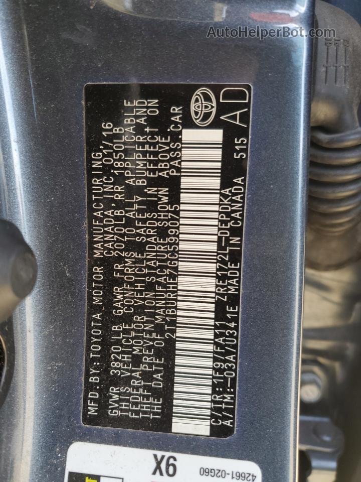 2016 Toyota Corolla L Серый vin: 2T1BURHE7GC599075