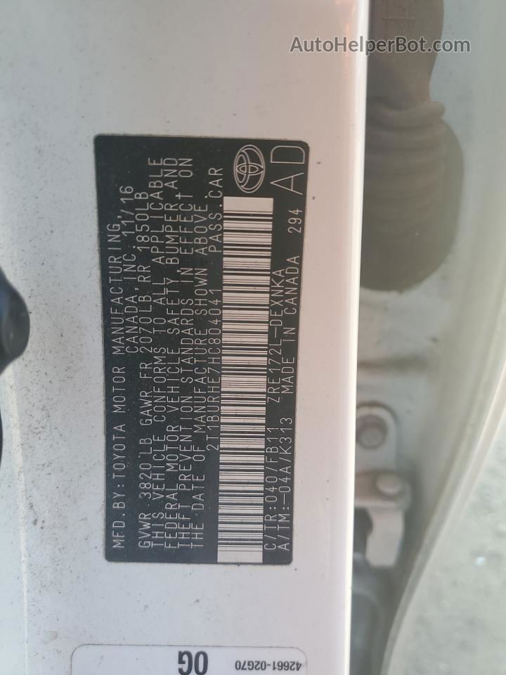 2017 Toyota Corolla L White vin: 2T1BURHE7HC804041