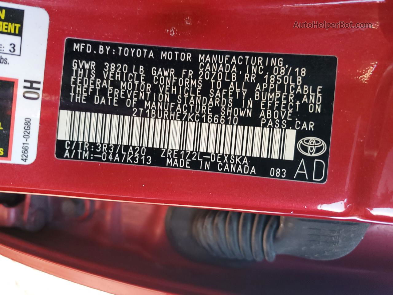 2019 Toyota Corolla L Red vin: 2T1BURHE7KC166610