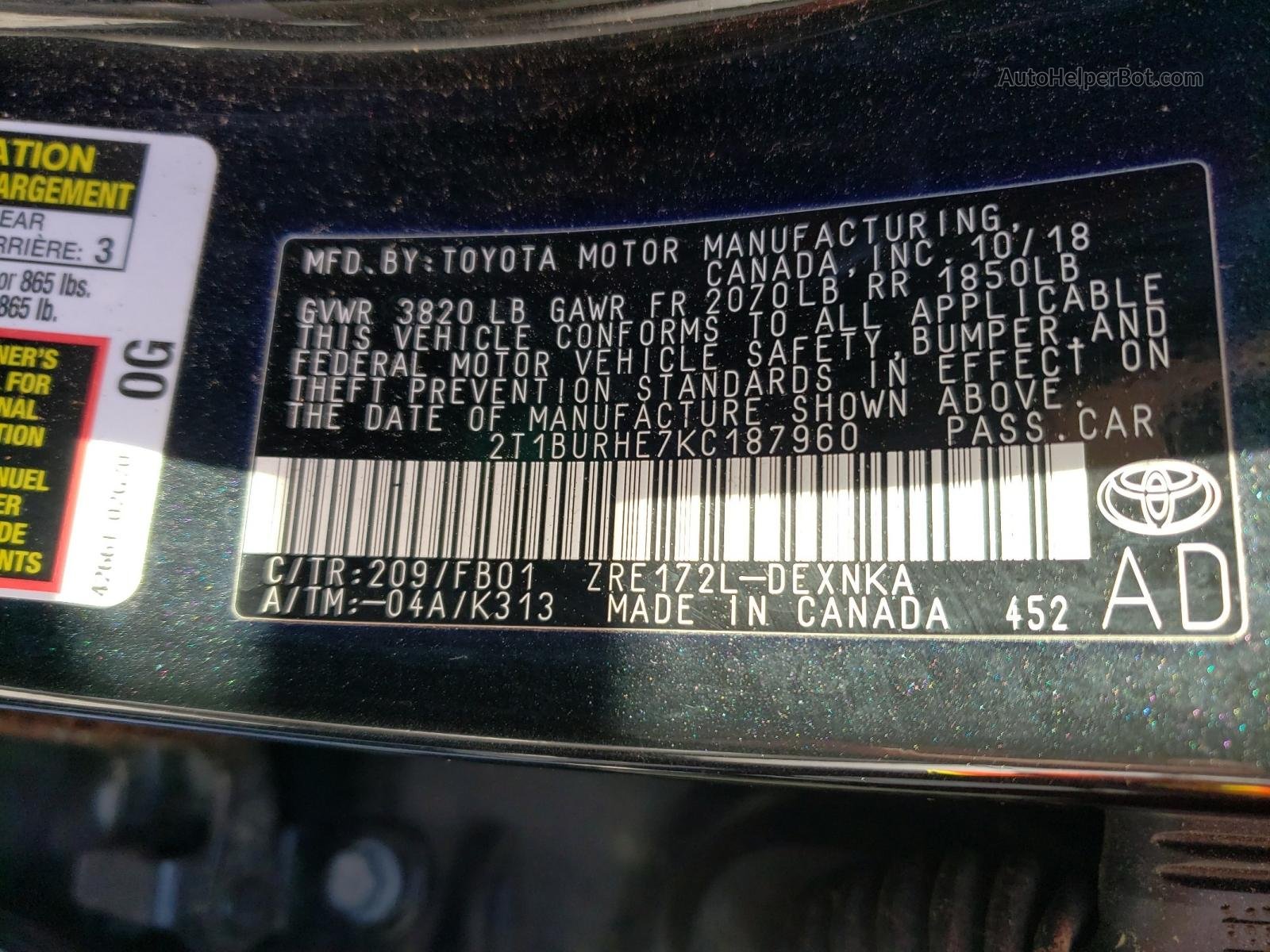 2019 Toyota Corolla L Черный vin: 2T1BURHE7KC187960