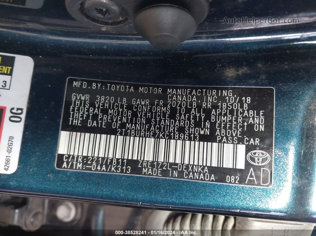 2019 Toyota Corolla Le Синий vin: 2T1BURHE7KC189613