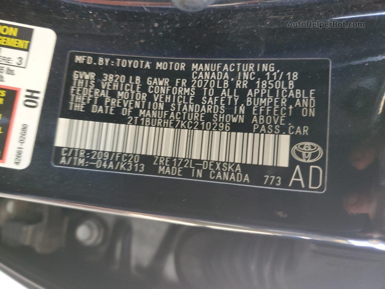 2019 Toyota Corolla L Черный vin: 2T1BURHE7KC210296