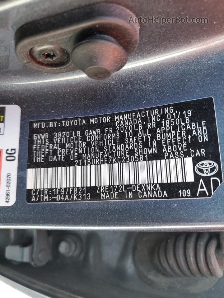 2019 Toyota Corolla L Gray vin: 2T1BURHE7KC230581
