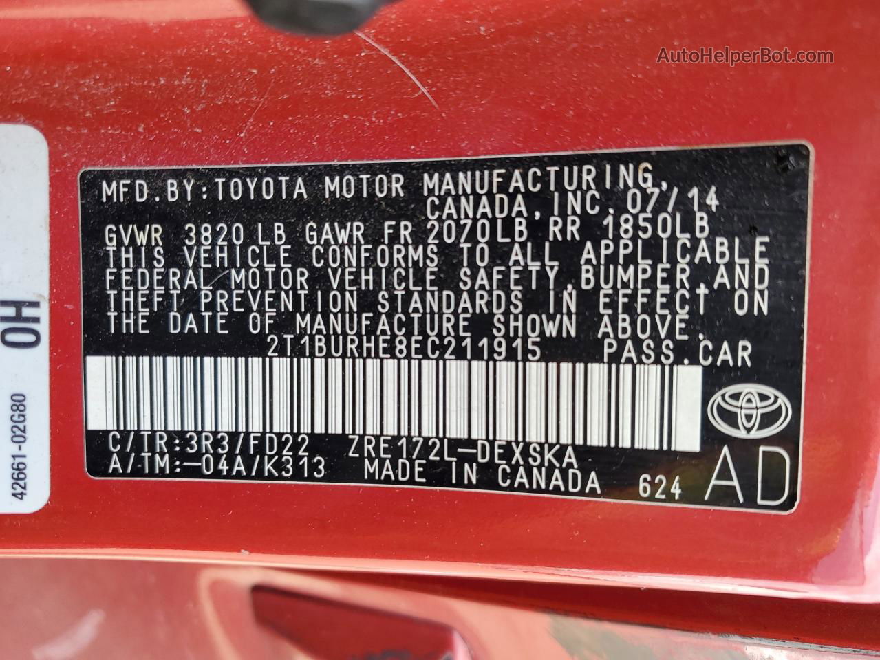 2014 Toyota Corolla L Red vin: 2T1BURHE8EC211915