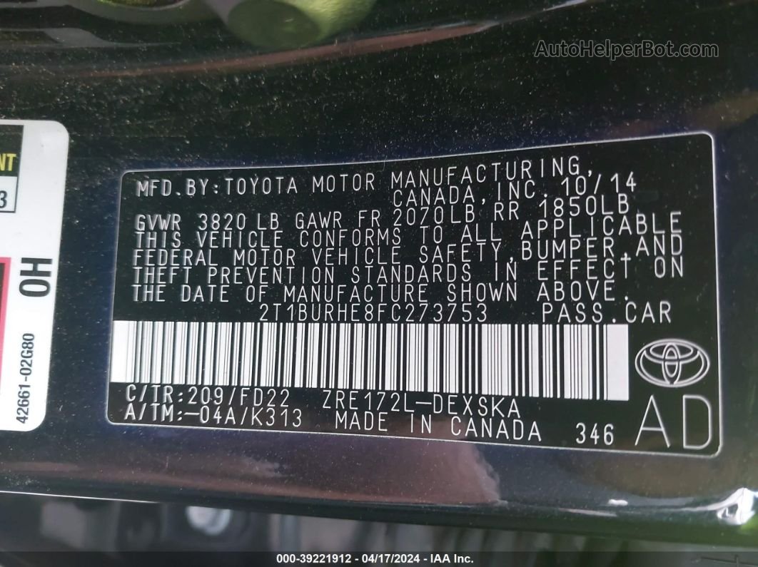 2015 Toyota Corolla S Plus Black vin: 2T1BURHE8FC273753
