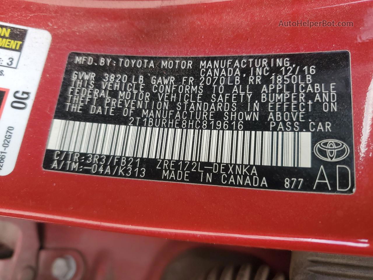 2017 Toyota Corolla L Red vin: 2T1BURHE8HC819616