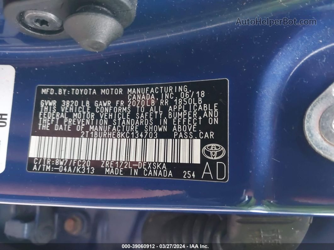 2019 Toyota Corolla Se Blue vin: 2T1BURHE8KC134703