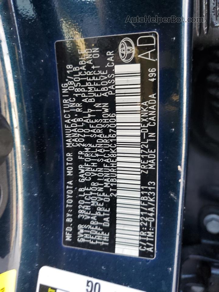 2019 Toyota Corolla L Blue vin: 2T1BURHE8KC167006