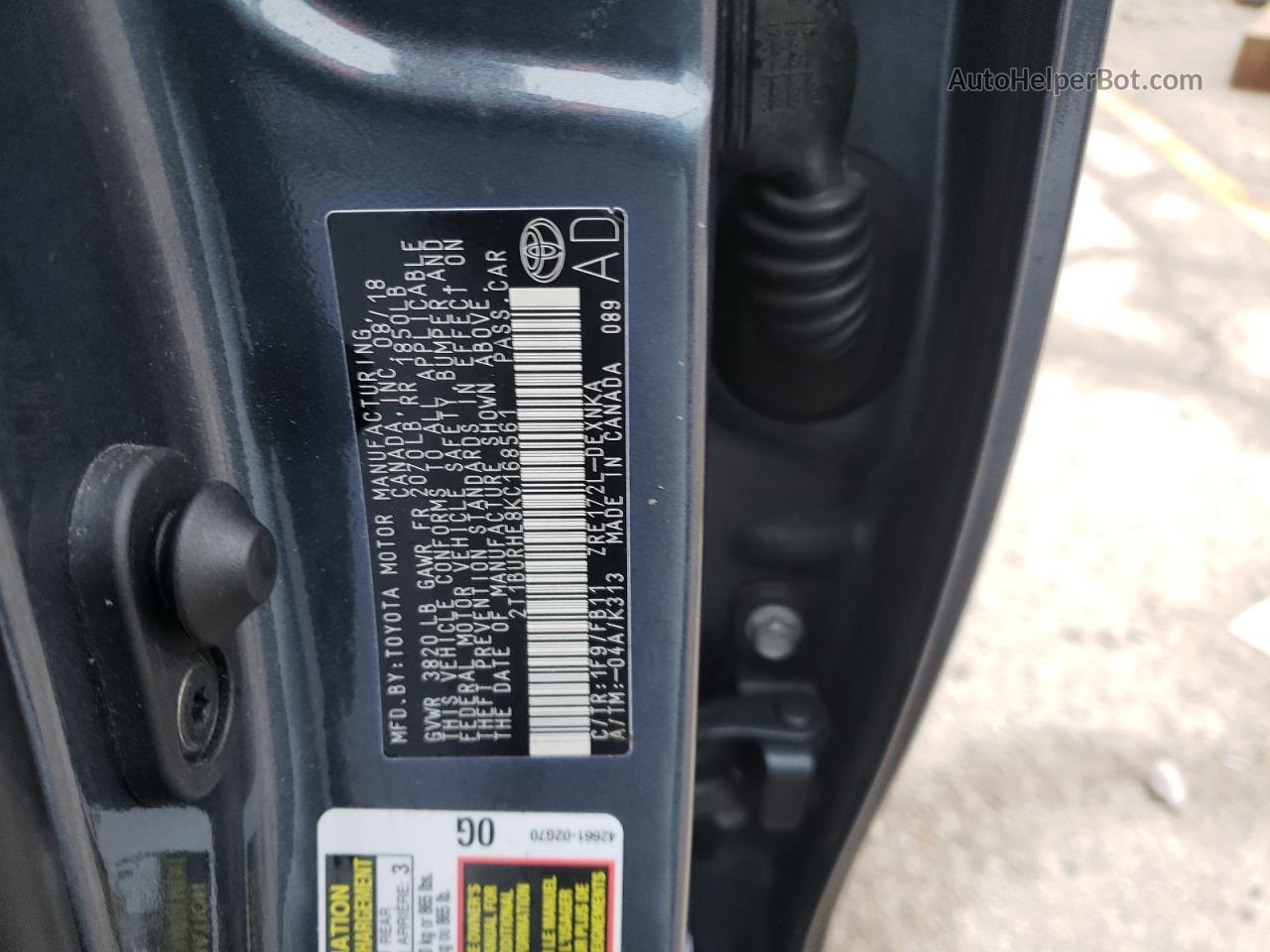 2019 Toyota Corolla L Gray vin: 2T1BURHE8KC168561