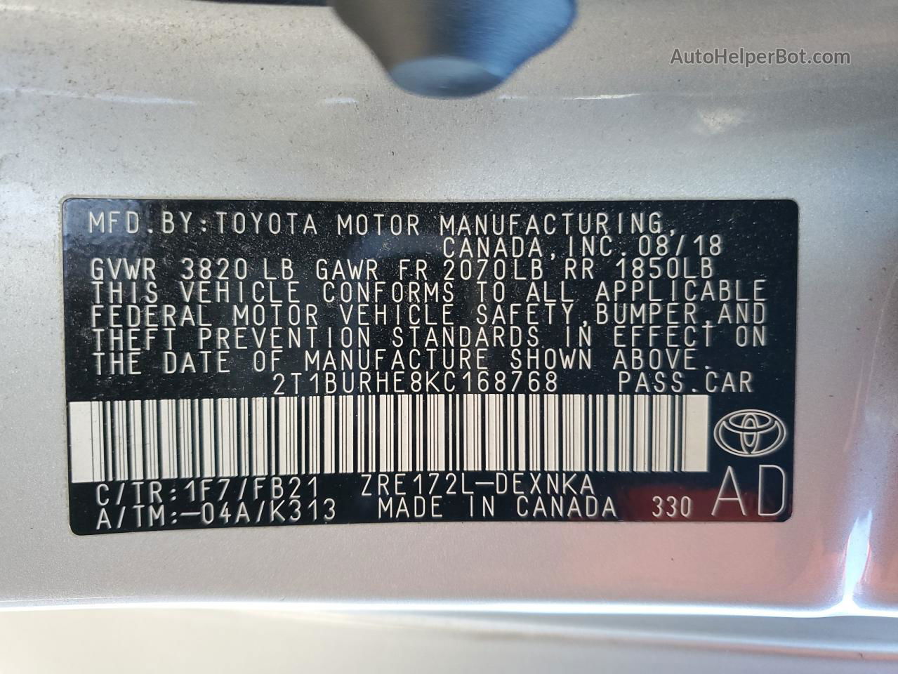 2019 Toyota Corolla L Silver vin: 2T1BURHE8KC168768