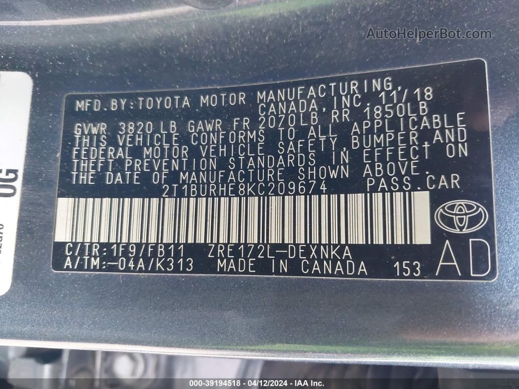2019 Toyota Corolla Le Синий vin: 2T1BURHE8KC209674