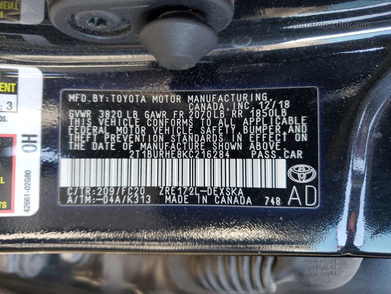 2019 Toyota Corolla L Черный vin: 2T1BURHE8KC216284