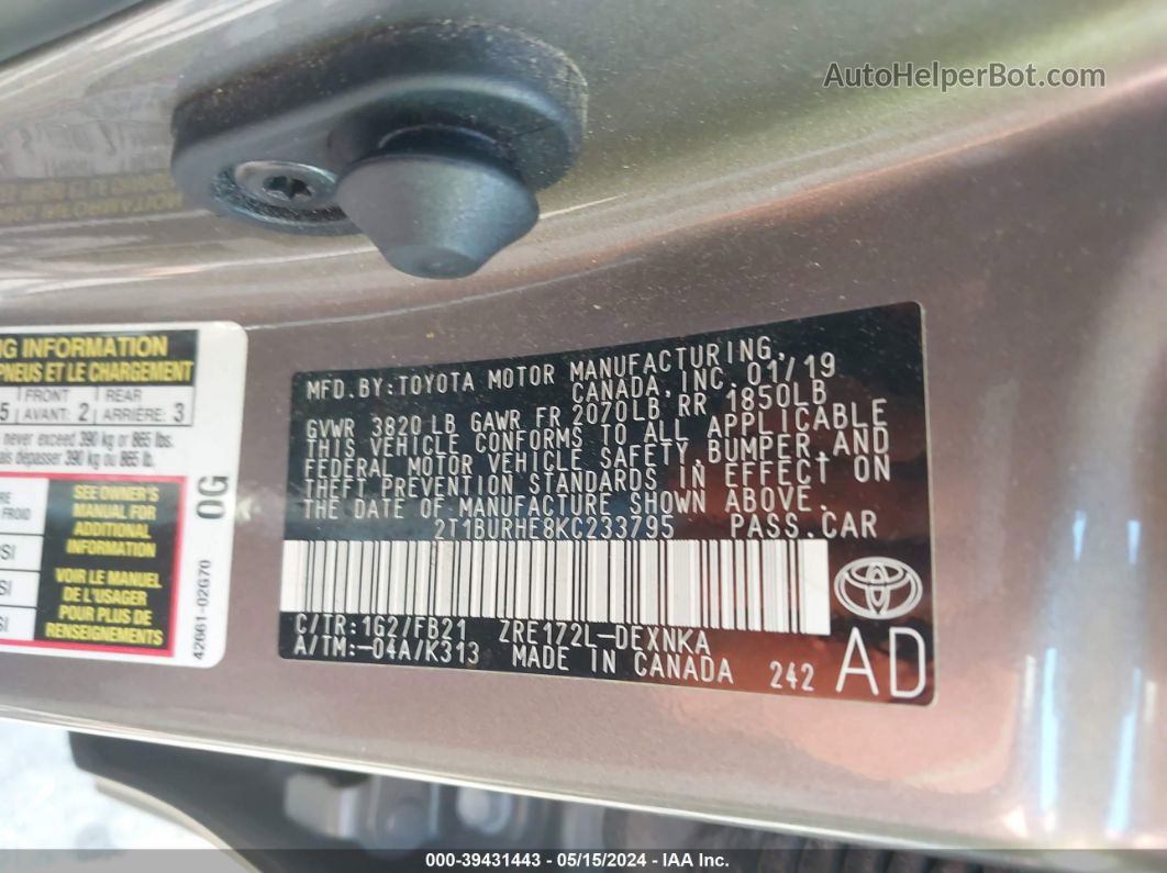2019 Toyota Corolla Le Gray vin: 2T1BURHE8KC233795