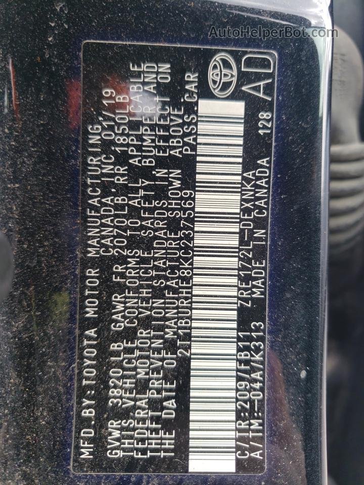 2019 Toyota Corolla L Черный vin: 2T1BURHE8KC237569