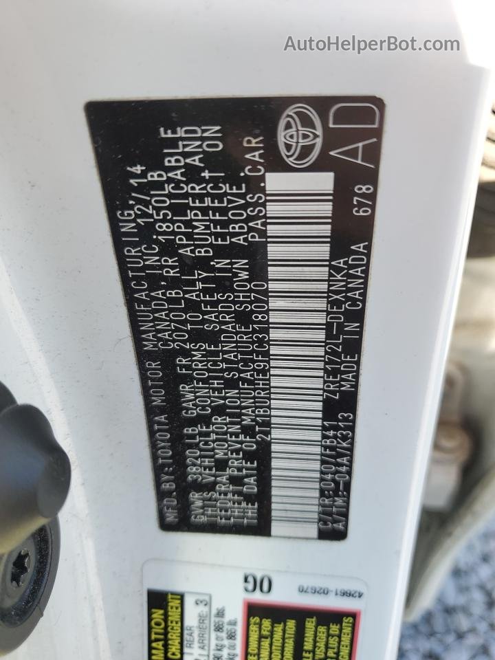 2015 Toyota Corolla L Белый vin: 2T1BURHE9FC318070
