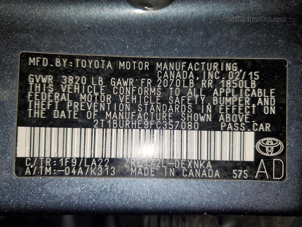 2015 Toyota Corolla L Угольный vin: 2T1BURHE9FC357080