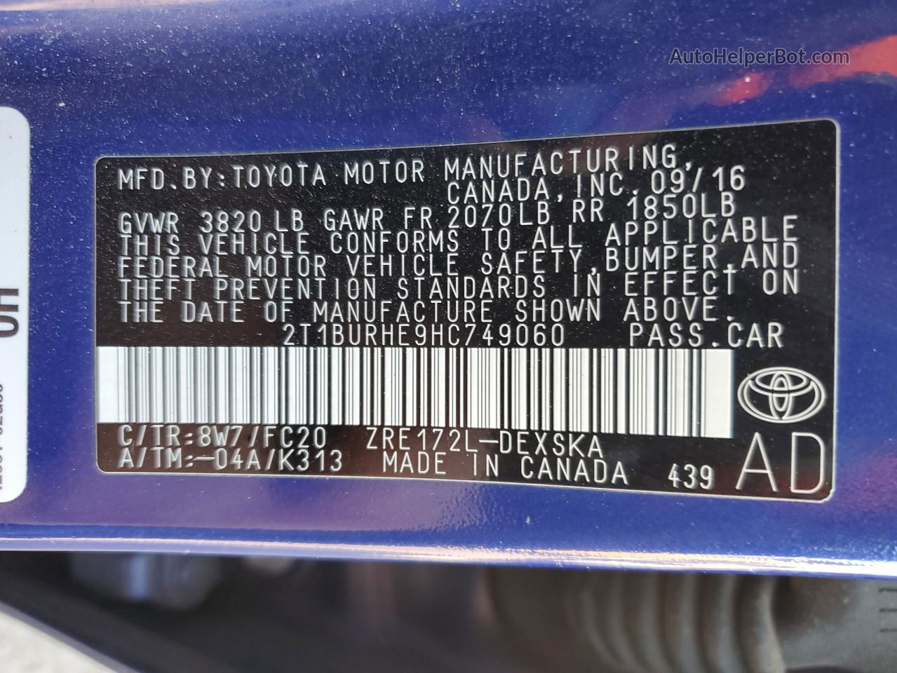 2017 Toyota Corolla L Синий vin: 2T1BURHE9HC749060