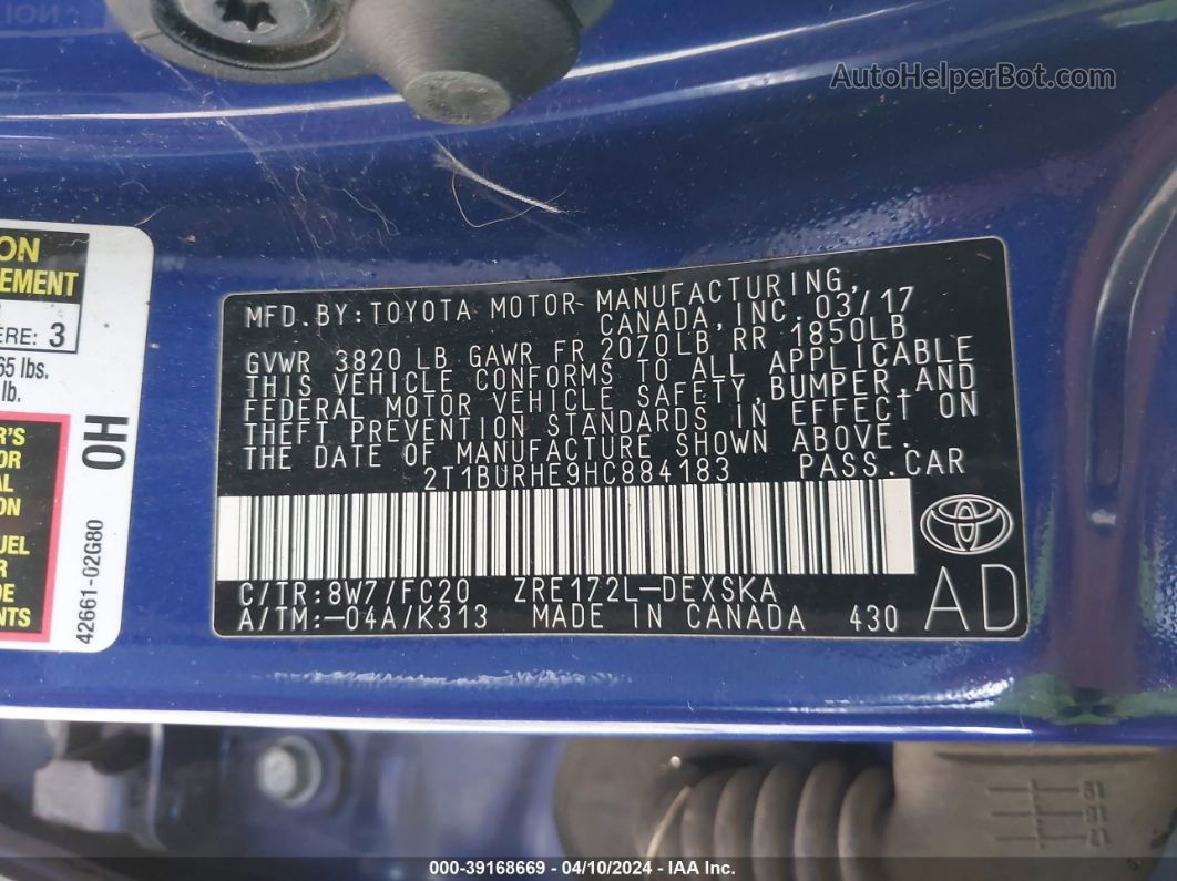 2017 Toyota Corolla Se Blue vin: 2T1BURHE9HC884183