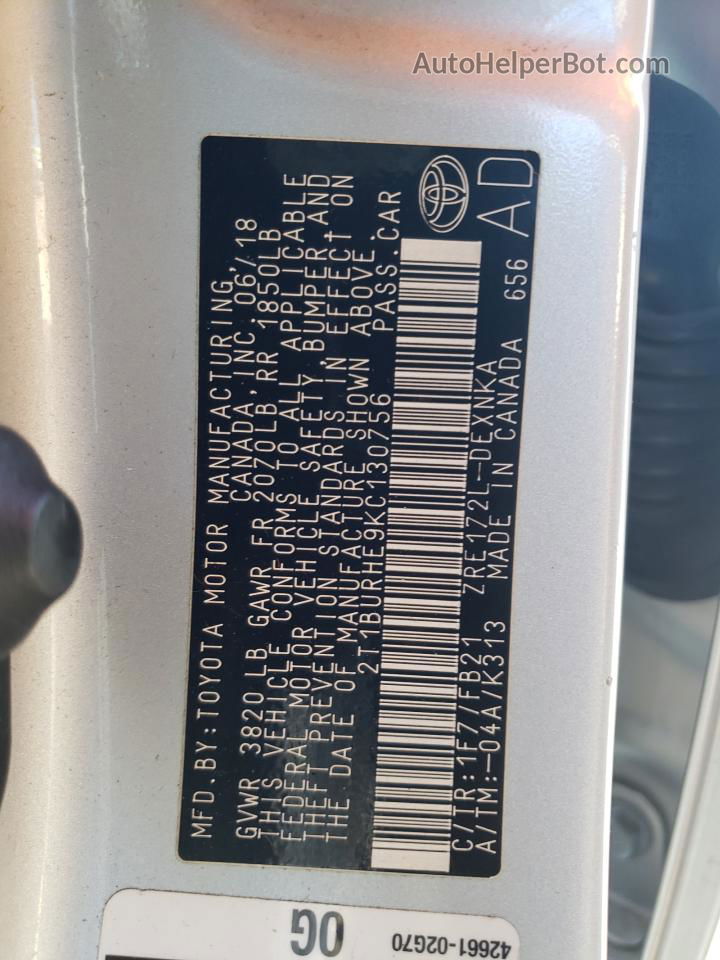2019 Toyota Corolla L Серебряный vin: 2T1BURHE9KC130756